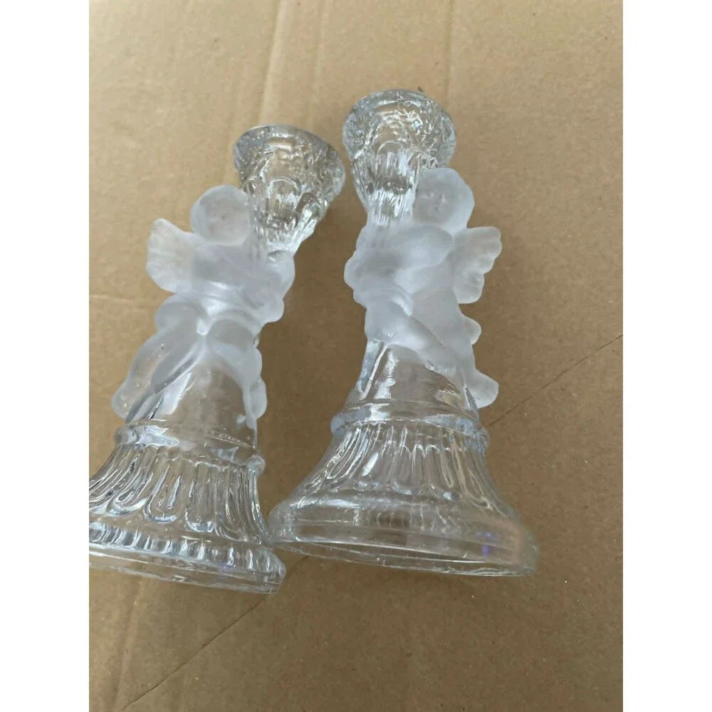 Cherub Candlestick Holders Set of 2 Clear Frosted Glass Angel Decor